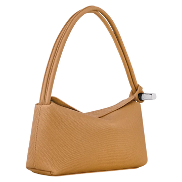 Mini‑Unterarm‑Baguette‑Tasche aus hellbraunem Rindleder mit silbernen Knoten‑Beschlägen und Reißverschluss