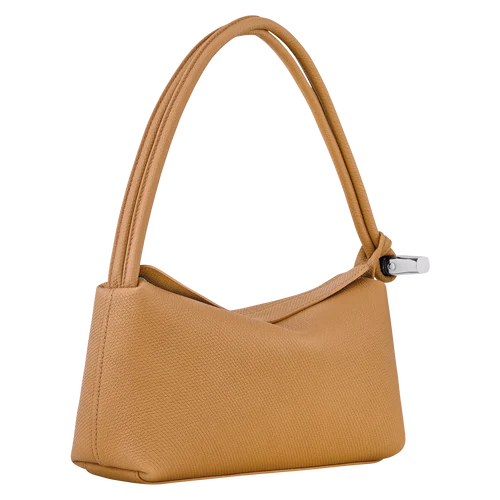 Mini‑Unterarm‑Baguette‑Tasche aus hellbraunem Rindleder mit silbernen Knoten‑Beschlägen und Reißverschluss