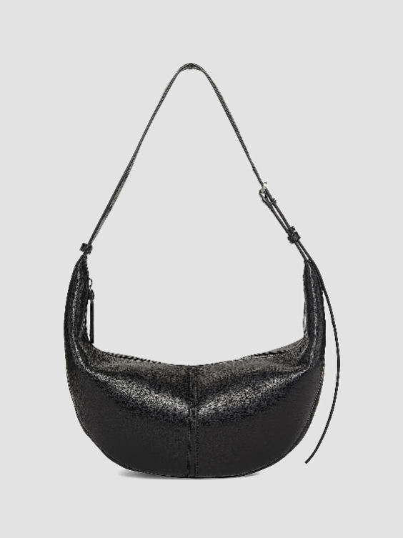 Schwarze mondförmige Hobo‑Schultertasche aus glattem Napa‑Leder mit verstellbarem Gurt
