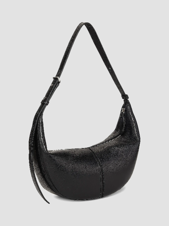Schwarze mondförmige Hobo‑Schultertasche aus glattem Napa‑Leder mit verstellbarem Gurt