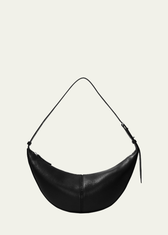 Schwarze mondförmige Hobo‑Schultertasche aus glattem Napa‑Leder mit verstellbarem Gurt