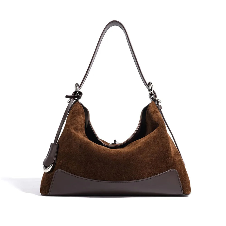 Croissant‑Hobo‑Schulter‑Tote‑Tasche aus Wildleder‑Patchwork mit verstellbarem Gurt