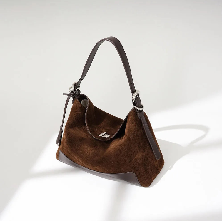Croissant‑Hobo‑Schulter‑Tote‑Tasche aus Wildleder‑Patchwork mit verstellbarem Gurt