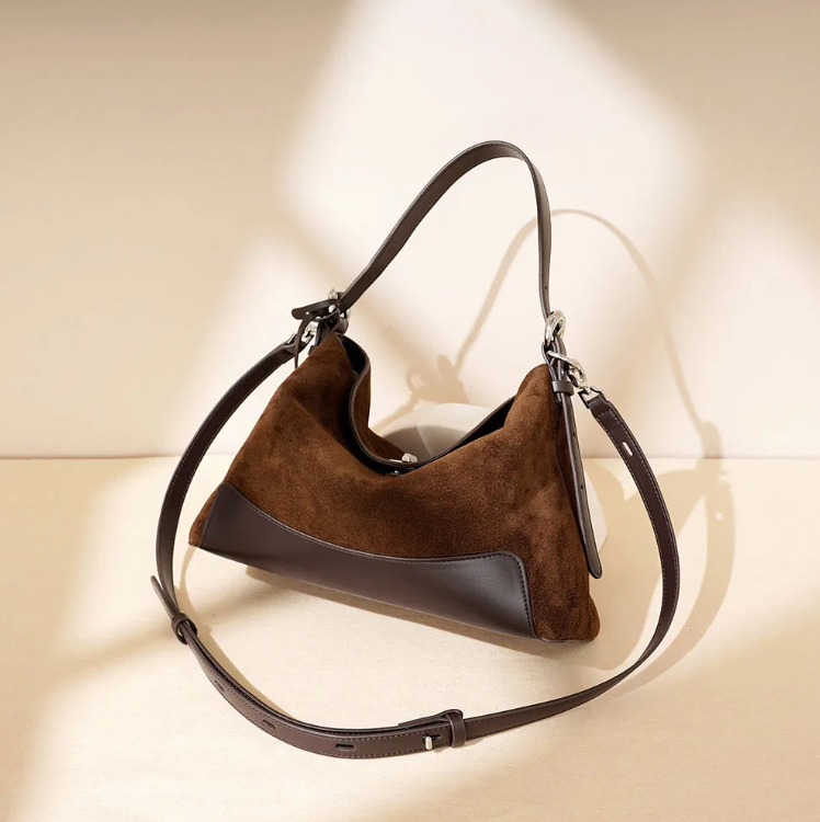 Croissant‑Hobo‑Schulter‑Tote‑Tasche aus Wildleder‑Patchwork mit verstellbarem Gurt